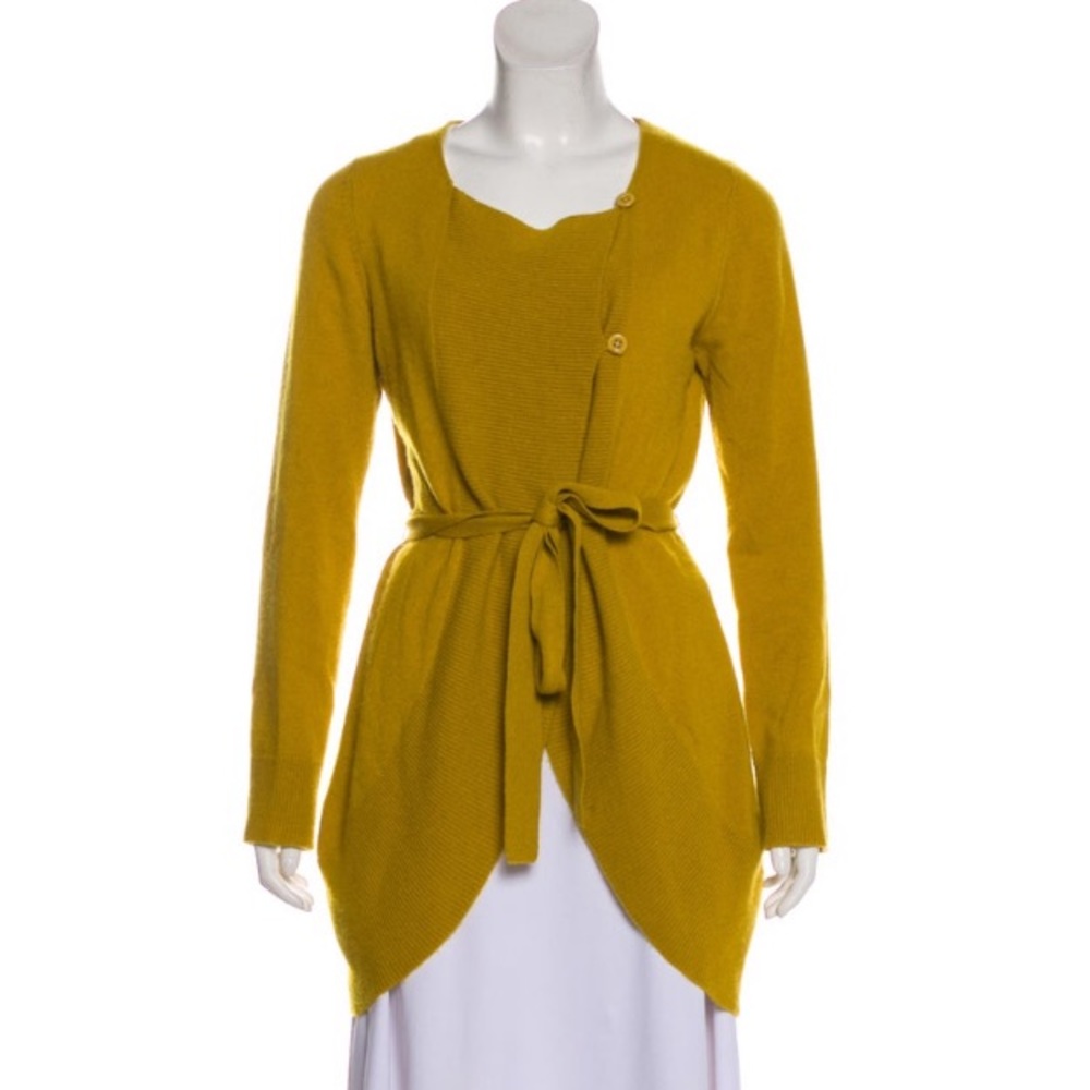 ESCADA 100% cashmere sweater cardigan belt tie chartreuse yellow green S M